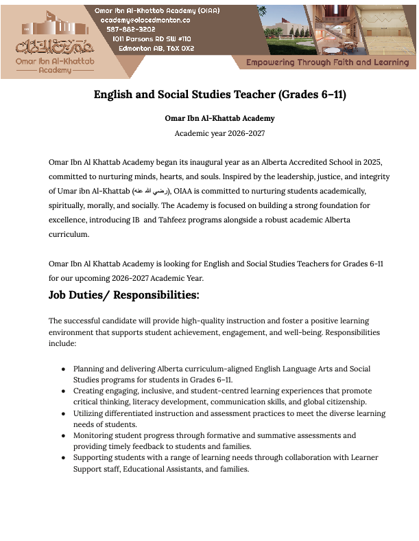 English and Social Studies Teacher (Grades 6–11)