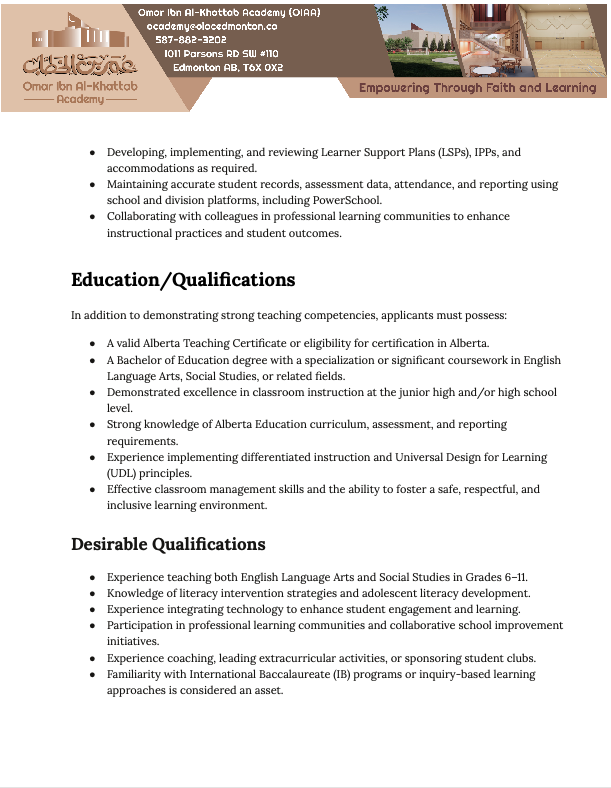 English and Social Studies Teacher (Grades 6–11)