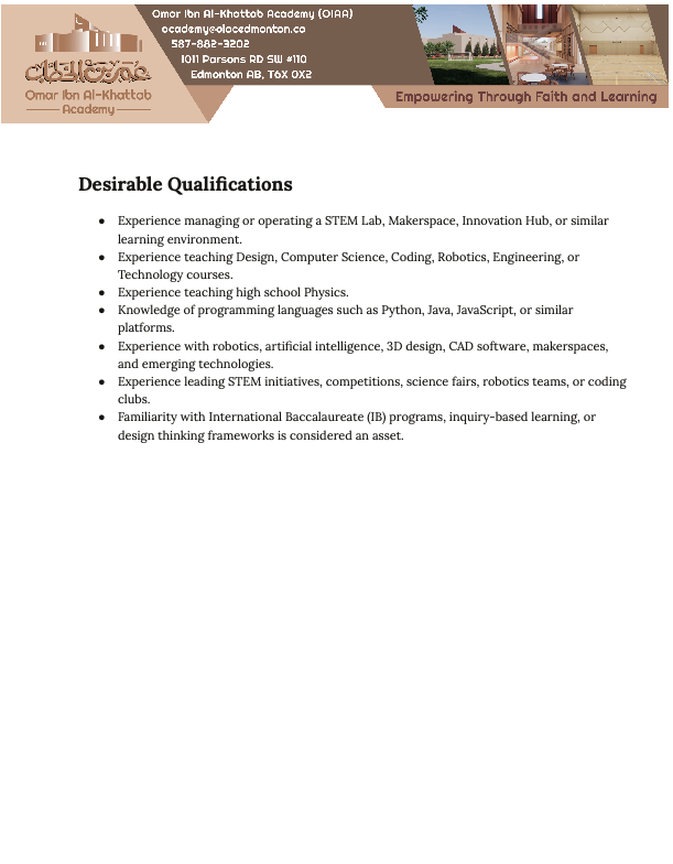 Design, Computer Science, Physics, and STEM Lab Teacher (Grades 6–11)
